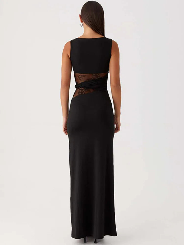 Heidi-Mode | Transparente Spitze Ohne Ärmel Sexy Maxi Kleid für Frauen Gown Sommer Patchwork Mode O-Ausschnitt Bodycon Lange Tank Kleid Vestido
