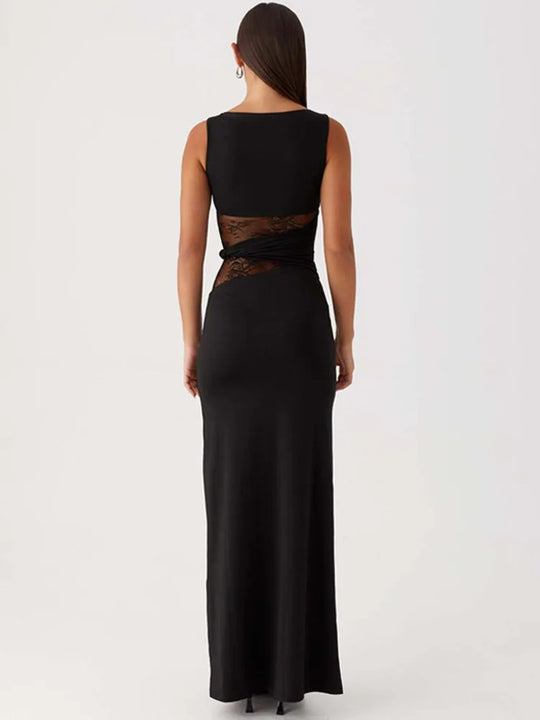 Heidi-Mode | Transparente Spitze Ohne Ärmel Sexy Maxi Kleid für Frauen Gown Sommer Patchwork Mode O-Ausschnitt Bodycon Lange Tank Kleid Vestido