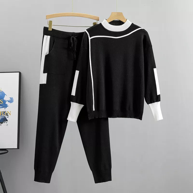 Heidi-Mode - Lässiges Herbst Strick Patchwork Oberteil und Hosen Set für Frauen