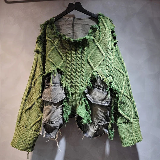 Heidi-Mode | Herbst Neue Waren Mode Frauen Twists Strick Splice Denim Kurz Pullover Locker Rundhalsausschnitt Langärmelig für Die Oberseite Weiblich