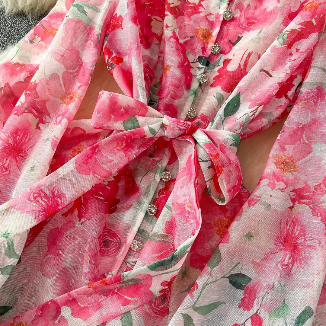 Heidi-Mode | Frühling Ferien Schöne Blume Organza Kleid Frauen Laterne Langarm Perle Knopf Blumenmuster Gürtel Schnürung Boho Vestido