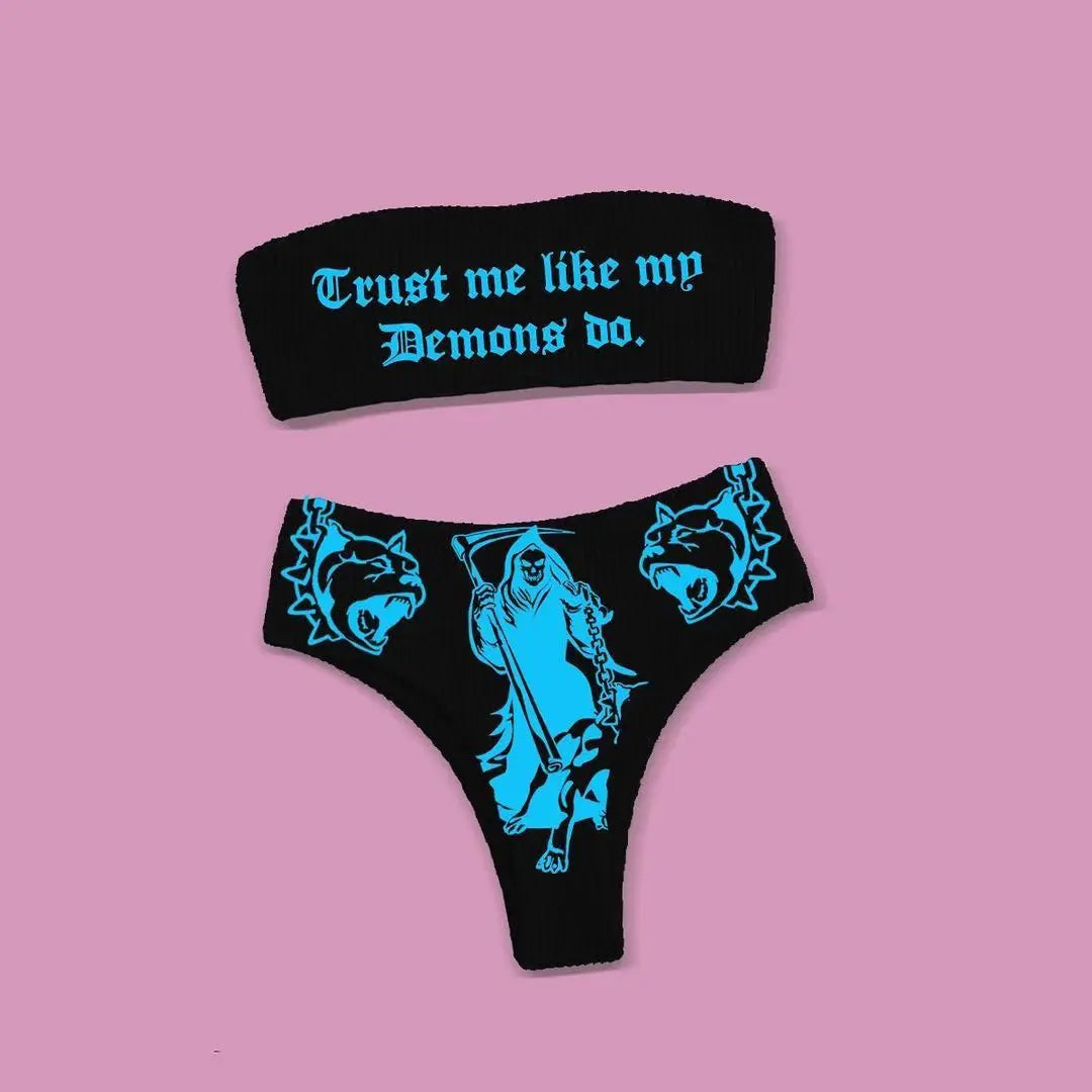 Heidi-Mode | Sexy Goth Bikini Frauen Buchstaben Totenkopf Druck Badeanzug Split Badeanzug Hohe Taille Gotische Bikini Set Strandoutfits