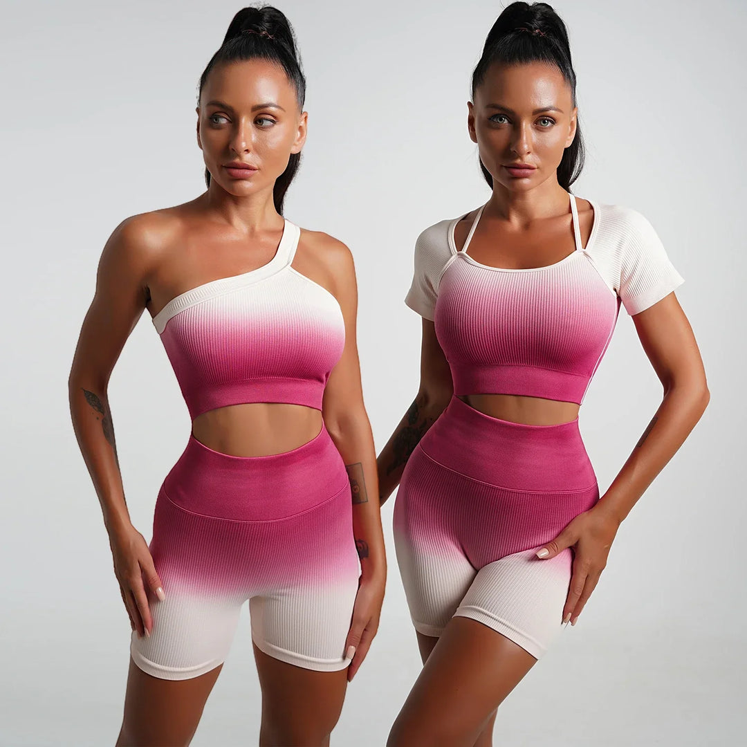 Heidi-Mode | Nahtlose Gradient Yoga Set Sport Fitness Hohe Taille Hip Lifting Hosen Langarm Anzüge Training Fitness Leggings Set für Frauen