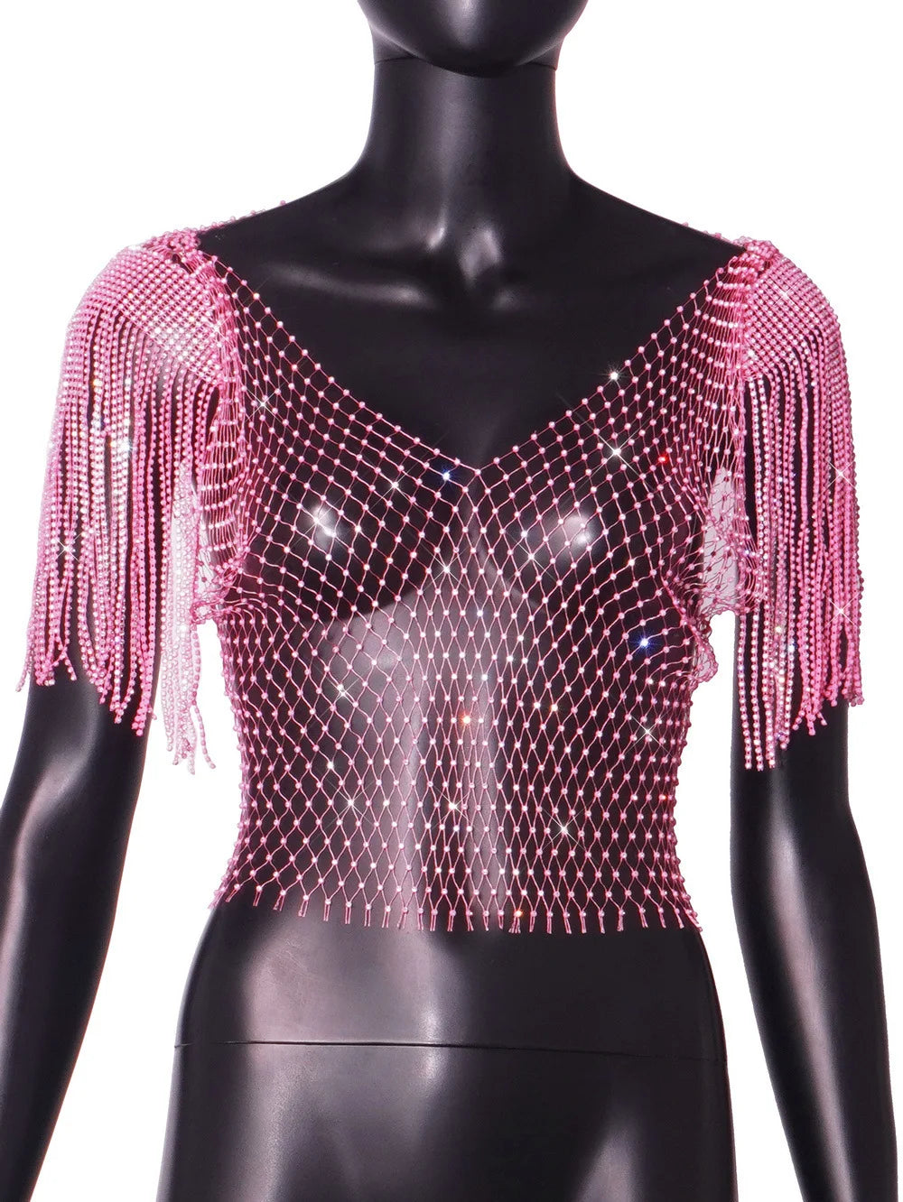 Heidi-Mode | Damen Sexy V-Ausschnitt Strass Kurz Crop Top Bling Kristall Fransen Schulter Dekor Diamant Fischernetz Shirt