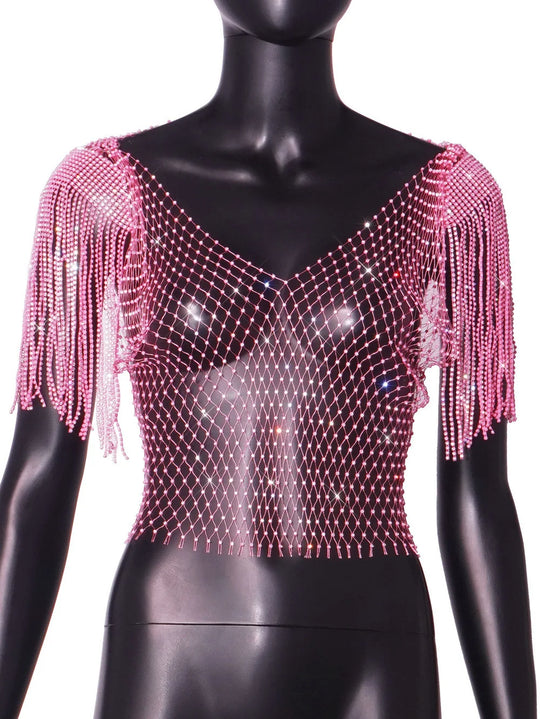 Heidi-Mode | Damen Sexy V-Ausschnitt Strass Kurz Crop Top Bling Kristall Fransen Schulter Dekor Diamant Fischernetz Shirt