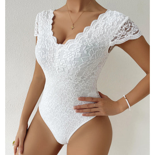 Heidi-Mode - Elegante Body Suit mit Spitzenärmeln und V-Ausschnitt