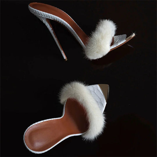 Heidi-Mode | Sommer Furry Mules Schuhe Peep Toe Dünne Absätze Slippers Frauen Sxy Metall Dekoration Spitz Zehe Gladiator Sandalen Fest Stiletto