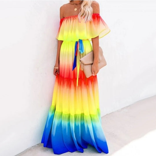 Heidi-Mode | Mehrfarbig Bohemian Rüsch Off Shoulder Selbst Gürtelt Festkleid Baumwolle Tunika Frauen Boho Maxi Kleider Vestidos A324