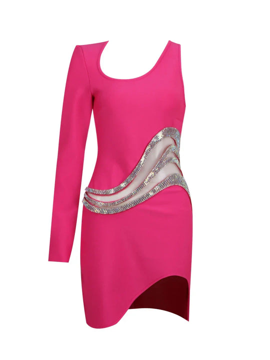 Heidi-Mode | Damen Neue Ein Schulter Langarm Mesh Patch Diamant Bandage Kleid Elegant Sexy Club Abendfest Mini Kleid