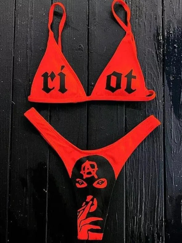 Heidi-Mode | Sexy Goth Bikini Frauen Buchstaben Totenkopf Druck Badeanzug Split Badeanzug Hohe Taille Gotische Bikini Set Strandoutfits