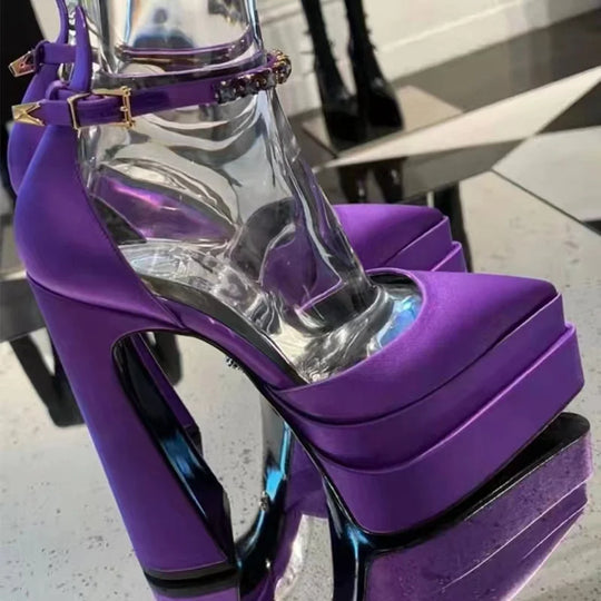 Heidi-Mode | Luxus Frauen High-Heels Schuh Plattform Sandalen Spitz Zehe Damen Seiden Pumps Sexy Strass Schnalle Chunky Absatz Hochzeitsschuhe