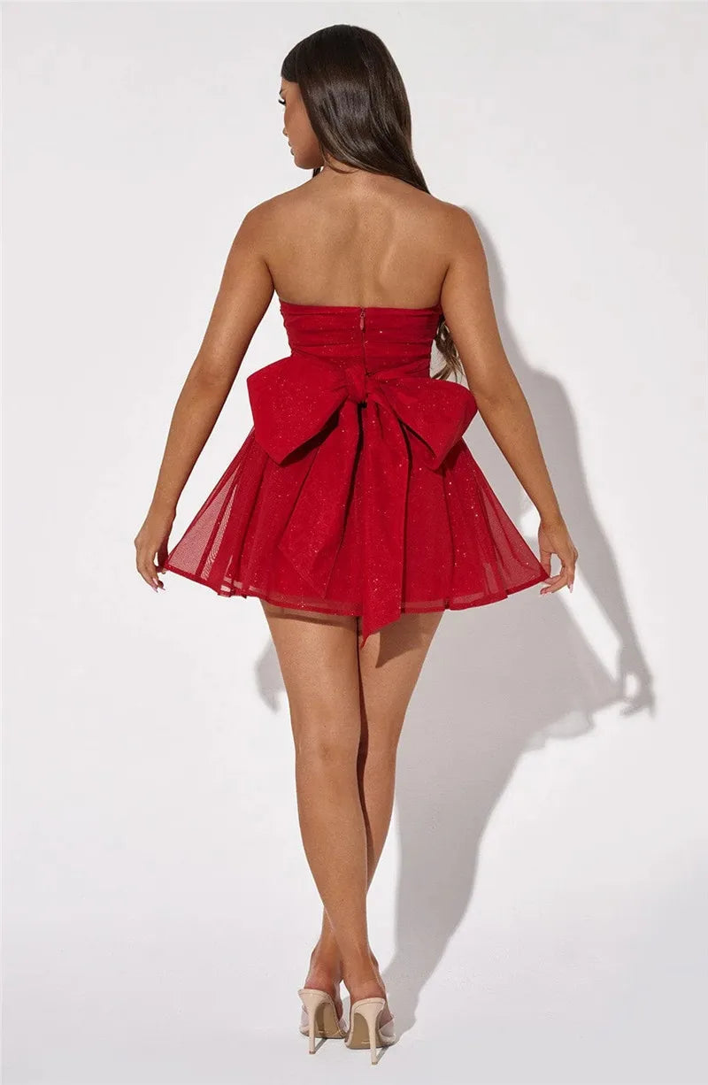 Heidi-Mode | Glitzer Mesh Straplos Rückenfrei Schleife Mini Kleider