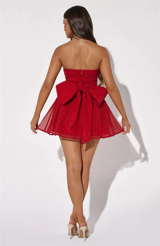 Heidi-Mode | Glitzer Mesh Straplos Rückenfrei Schleife Mini Kleider