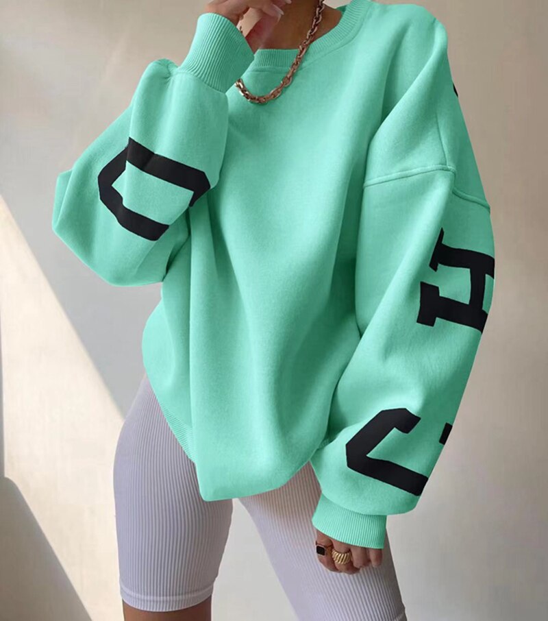 Heidi-Mode - Schickes Herbst Oversized Sweatshirt mit Chicago Buchstaben Grafik für Frauen