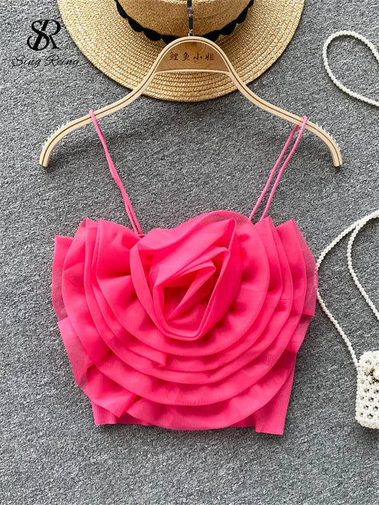 Heidi-Mode | Damen 3D Blumen Urlaub Stil Sexy Camis Sommer Design Kurzoberteile Damen Unifarben Slim Kurz Streetwear Strand Camisole