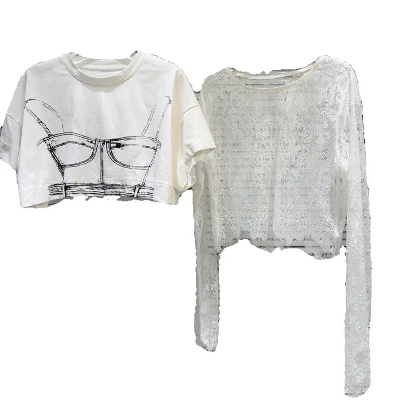 Heidi-Mode | Gemustertes Gedrucktes Kurzarm Wellen Spitzen T-Shirt Zwei Teile Set für Frauen Frühling Neue Artikel Lässige Kleidung