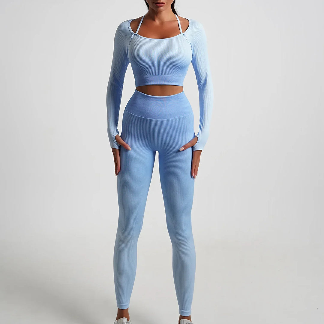 Heidi-Mode | Nahtlose Gradient Yoga Set Sport Fitness Hohe Taille Hip Lifting Hosen Langarm Anzüge Training Fitness Leggings Set für Frauen