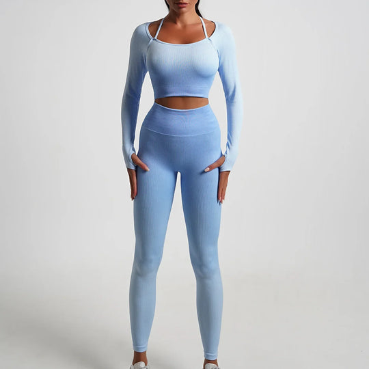 Heidi-Mode | Nahtlose Gradient Yoga Set Sport Fitness Hohe Taille Hip Lifting Hosen Langarm Anzüge Training Fitness Leggings Set für Frauen