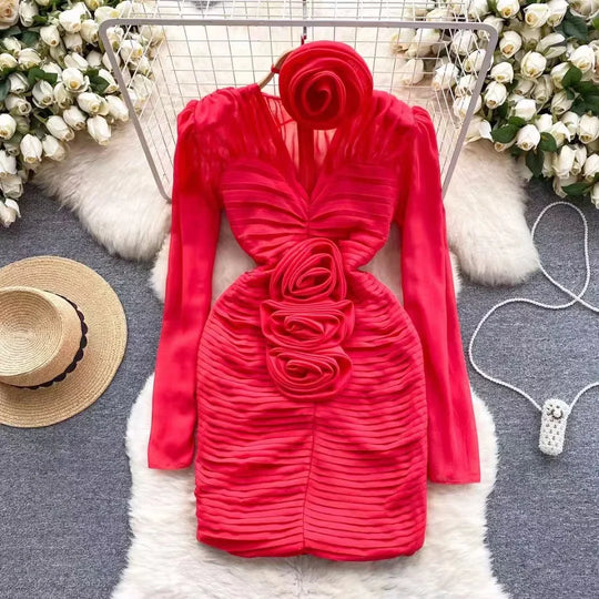 Heidi-Mode | Neue Französische Frühling 3D Rose Blume Chiffon Falten Mini Kleid Catwalk Frauen Sexy V-Ausschnitt Puffärmel Falten Slim Bodycon Festkleid