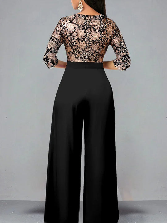 Heidi-Mode | Set Outfit Neu Vergoldet Blumen V-Ausschnitt Locker Passend Jumpsuit aus Einem Modischen Lässigen Stück für Frauen Elegante Frau