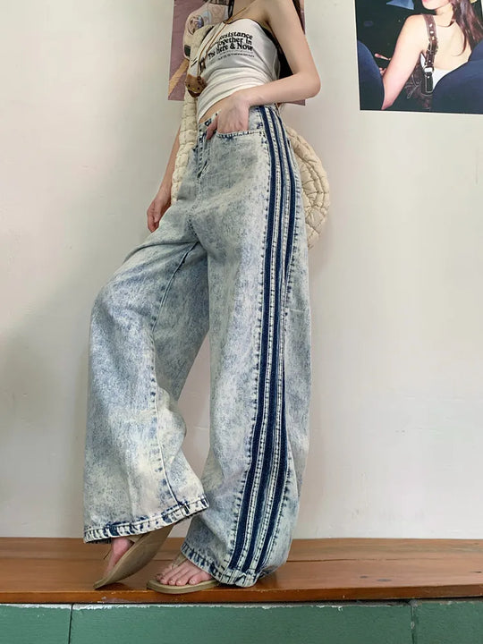 Heidi-Mode | Y2K 2000Er Kleidung Seitliche Streifen Helles Blau Baggy Jeans Hosen Damen Kleidung Günstiger Preis Weite Beine Damen Hosen Roupas Feminina