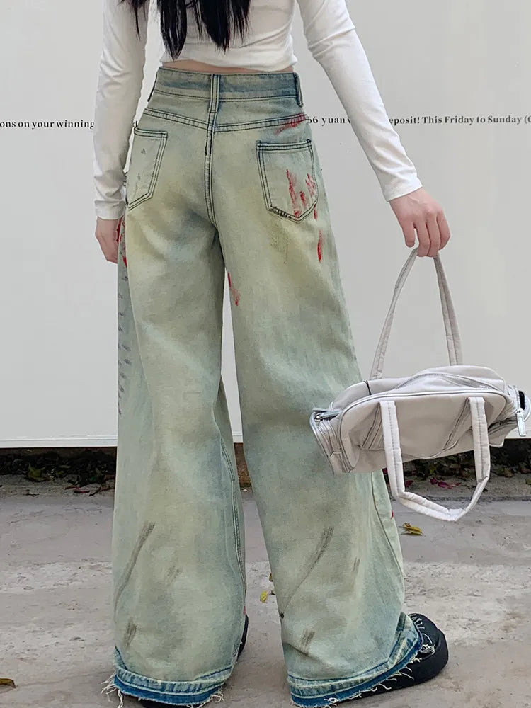 Heidi-Mode | Cyber Y2K Mode Ink Spray Jahrgang Blau Riss Baggy Neue Jeans Hosen für Frauen Kleidung Breite Beine Alte Gerade Damen Hosen