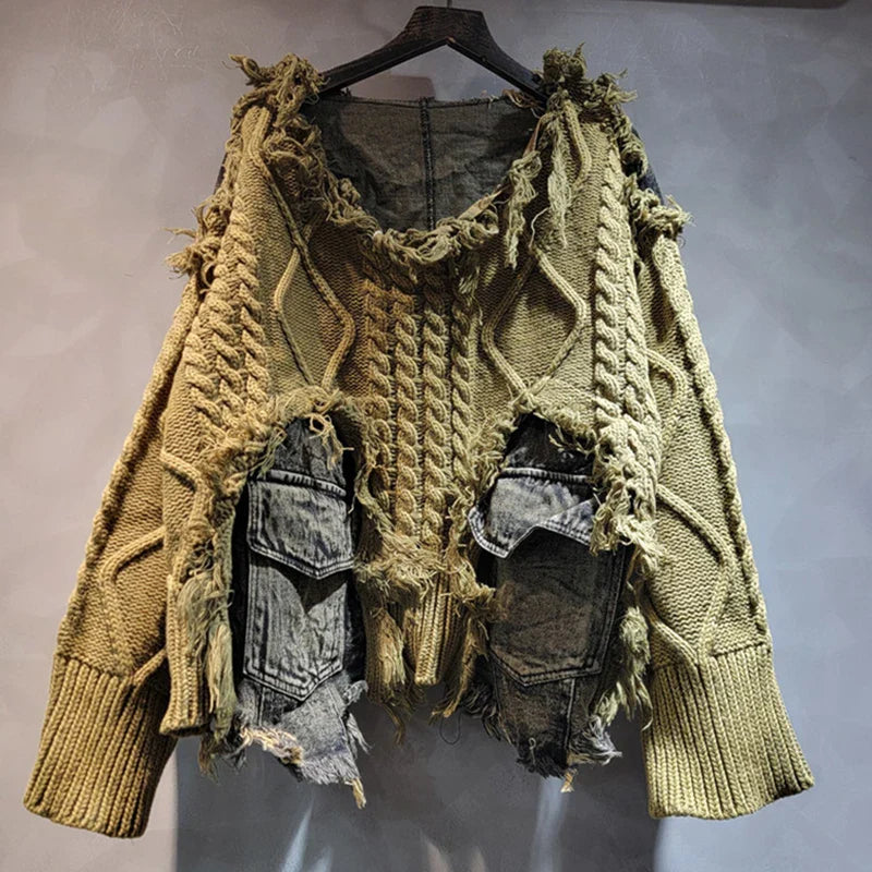 Heidi-Mode | Herbst Neue Waren Mode Frauen Twists Strick Splice Denim Kurz Pullover Locker Rundhalsausschnitt Langärmelig für Die Oberseite Weiblich