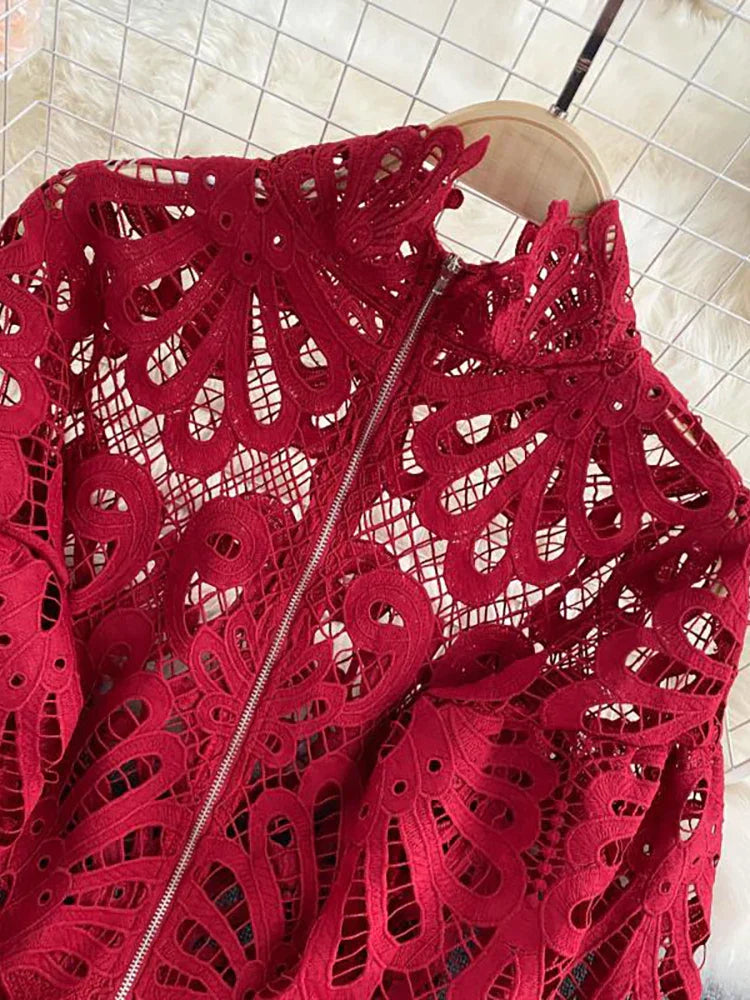 Heidi-Mode | Sexy Spitzen Hohle Ohne Kurze Bluse Lässig Laterne Langärmlige Standkragen Hemden Frauen Elegant Rot/ Rosa/ Weiß Lose Tops