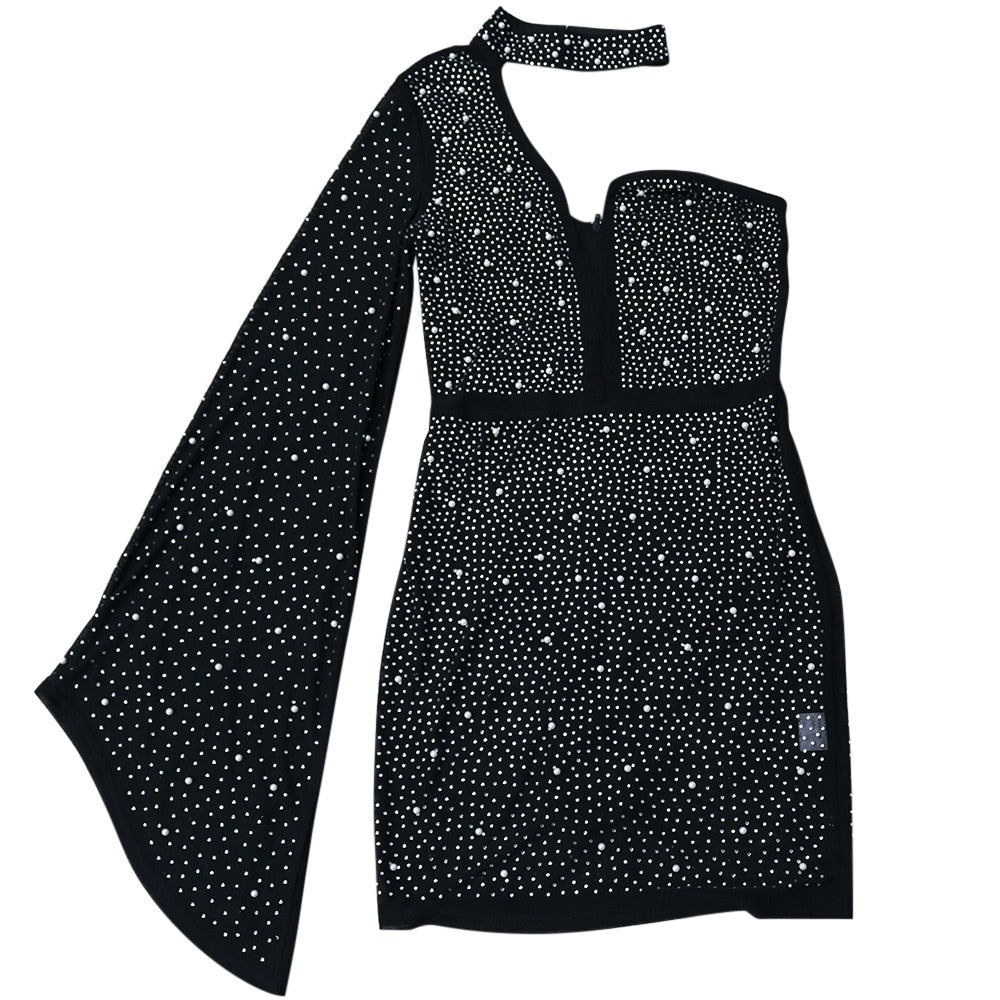 Heidi-Mode | Ein Schulter Glockenärmel Mesh Mini Kleider