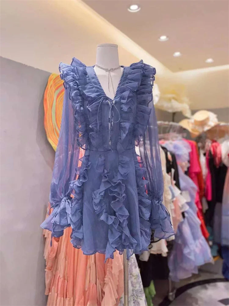 Heidi-Mode | Tossy V-Ausschnitt Schnürung Rüschensommerkleid für Frauen Mesh Bandage Hohe Taille Mode Abendkleid Kleid Weibliches Minikleid