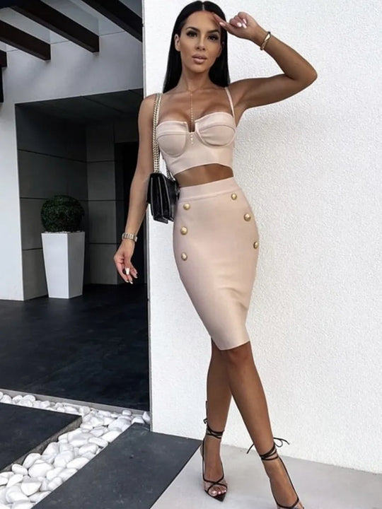 Heidi-Mode | Frauen Sommer Sexy Ärmellos V-Ausschnitt Knopf Schwarz Beige Heißpink Mini Bodycon Bandage Set Elegant Abendclub Party Outfits