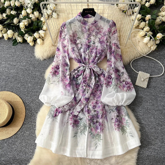 Heidi-Mode | Frühling Ferien Schöne Blume Organza Kleid Frauen Laterne Langarm Perle Knopf Blumenmuster Gürtel Schnürung Boho Vestido