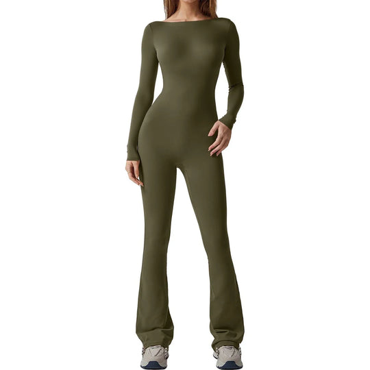 Heidi-Mode | Frauen Sexy Eng Anliegend Rückenfrei Langarm Flare Jumpsuit Bodycon Einfarbig Leggings Romper Playsuit Streetwear