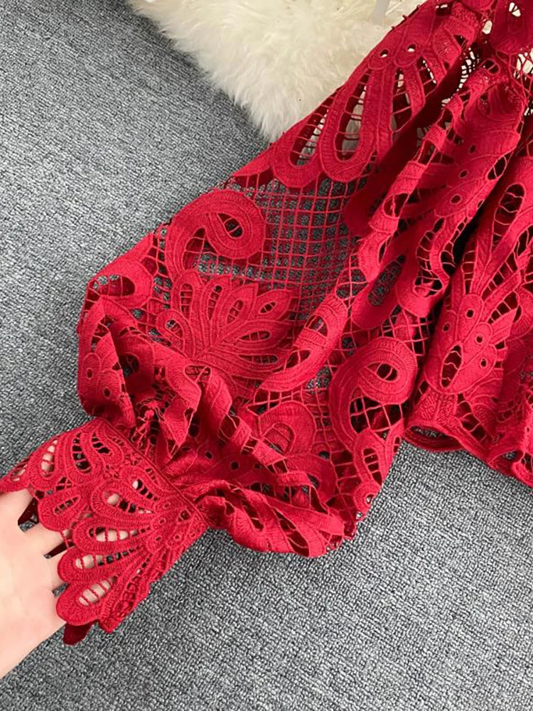 Heidi-Mode | Sexy Spitzen Hohle Ohne Kurze Bluse Lässig Laterne Langärmlige Standkragen Hemden Frauen Elegant Rot/ Rosa/ Weiß Lose Tops