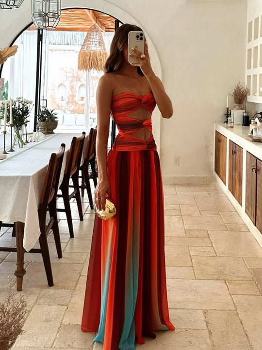 Heidi-Mode | Tie Dye Gradient Hulud Frauen Maxi Kleid Elegant Off Shoulder A-Linie Saum Lange Kleider Neu Sommer Ferien Frauen Robe