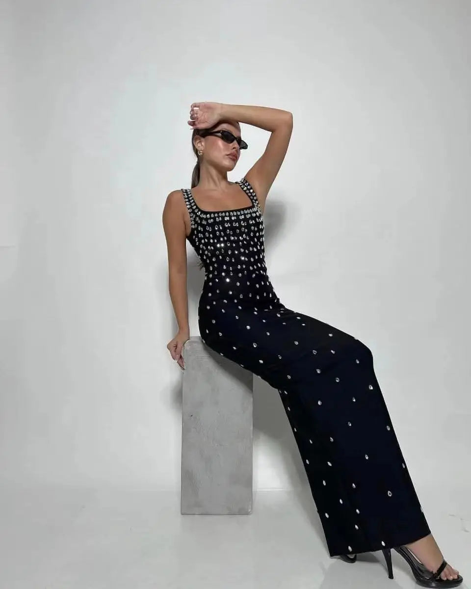 Heidi-Mode | Schwarz Himmelblau Frauen Ohne Ärmel Sexy O-Ausschnitt Schiene Kristall Bodycon Bandage Lange Kleid Celebraate Nachtclub Fest Outfit
