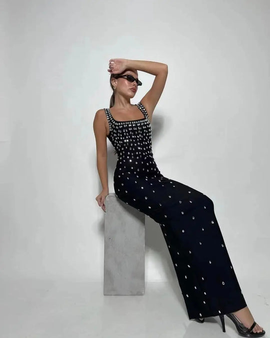 Heidi-Mode | Schwarz Himmelblau Frauen Ohne Ärmel Sexy O-Ausschnitt Schiene Kristall Bodycon Bandage Lange Kleid Celebraate Nachtclub Fest Outfit
