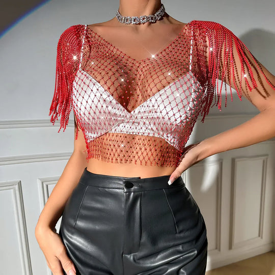 Heidi-Mode | Damen Sexy V-Ausschnitt Strass Kurz Crop Top Bling Kristall Fransen Schulter Dekor Diamant Fischernetz Shirt