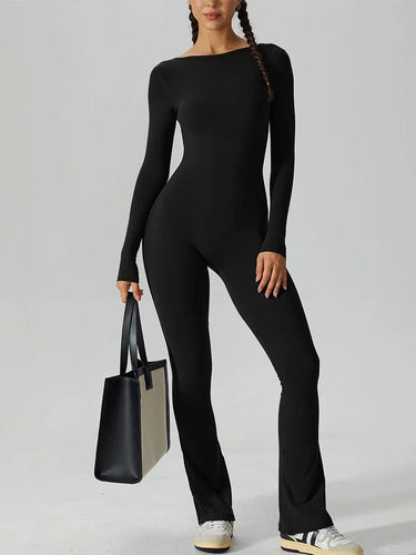 Heidi-Mode | Frauen Sexy Eng Anliegend Rückenfrei Langarm Flare Jumpsuit Bodycon Einfarbig Leggings Romper Playsuit Streetwear