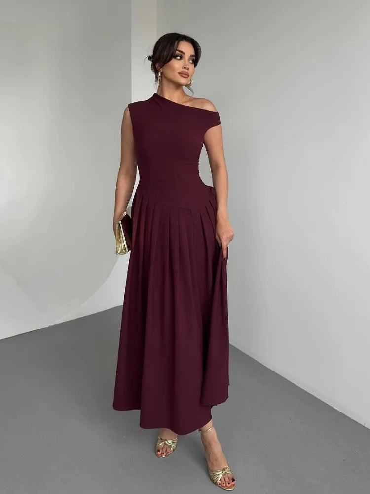 Heidi-Mode | Chic Off Shoulder Unregelmäßiger Hals Frauen Kleid Elegante Hohe Taille A-Linie Saum Plissierte Midi Kleider Neu Sommer Damen Pendelrobe