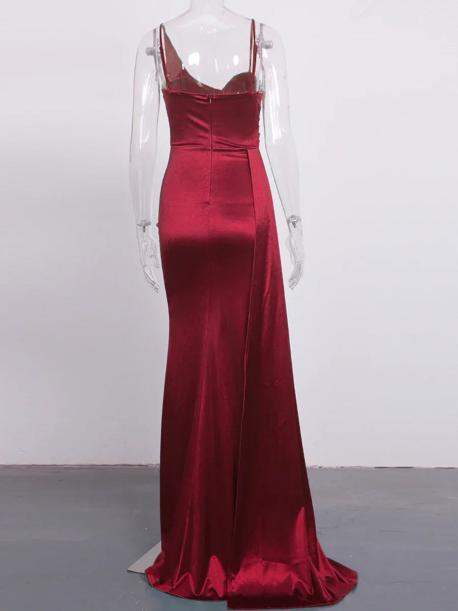Heidi-Mode | Satin Strass Büste Seiten Schleppe Split Kleider