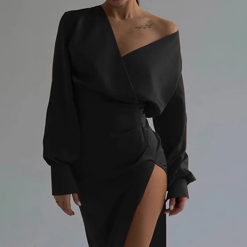 Heidi-Mode | Sexie Frauen Lange Ärmel V-Ausschnitt Abendkleider Damen Elegante Slim Fit Hohe Schlitz Plissierte Kleid Fest Club Outfits Prom Kleid