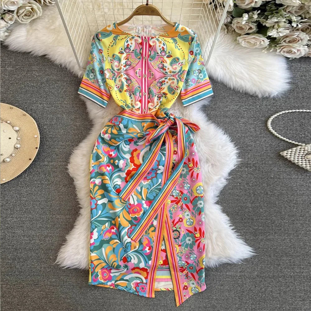 Heidi-Mode | Sommermode Designer Kleid Damen O-Ausschnitt Kurze Ärmel Blumenmuster Streifen Vintage Gürtel Schnürung Unregelmäßige Midi Kleider