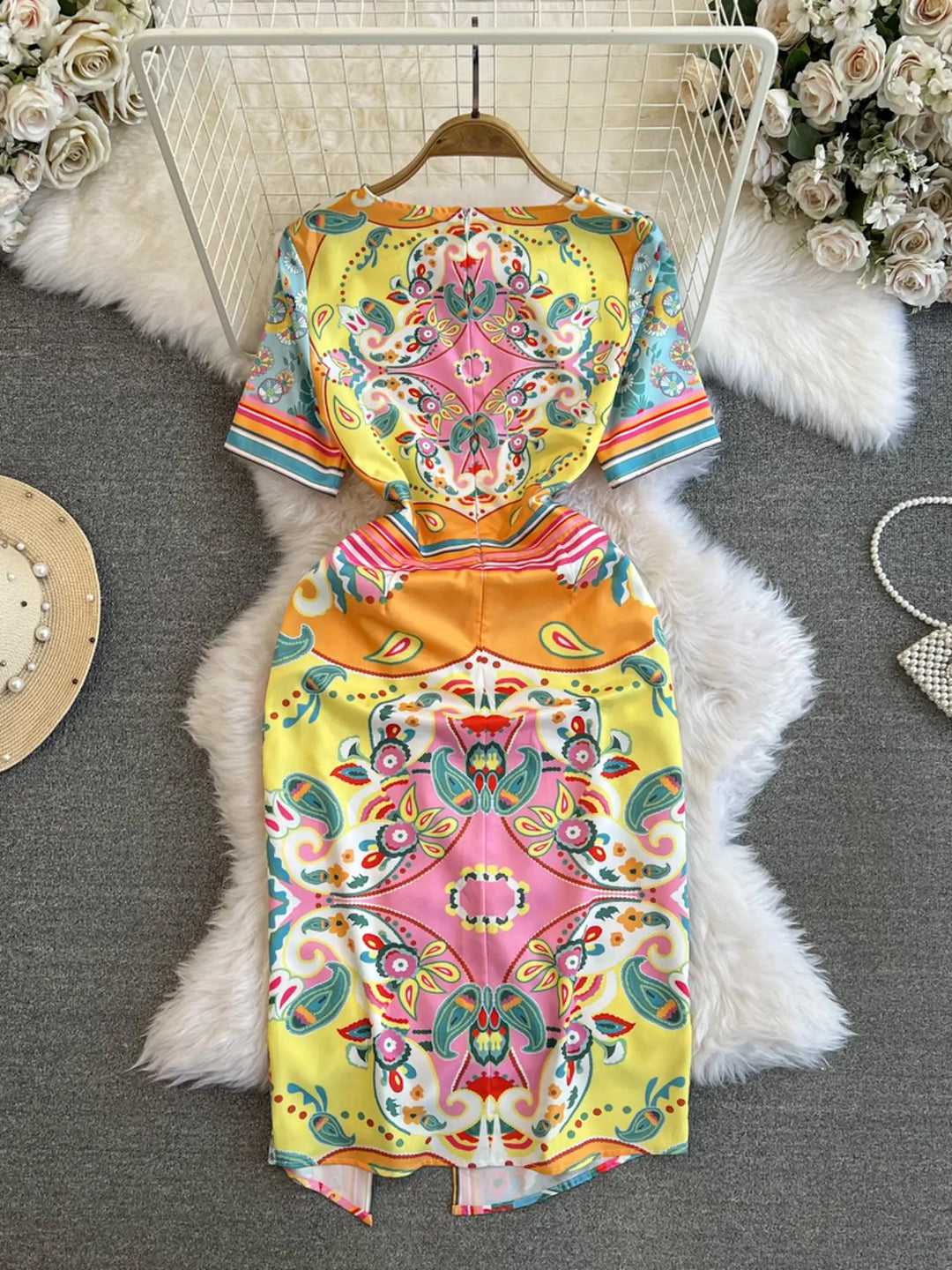 Heidi-Mode | Sommermode Designer Kleid Damen O-Ausschnitt Kurze Ärmel Blumenmuster Streifen Vintage Gürtel Schnürung Unregelmäßige Midi Kleider