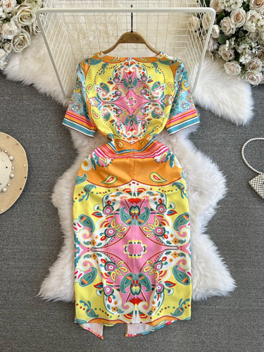 Heidi-Mode | Sommermode Designer Kleid Damen O-Ausschnitt Kurze Ärmel Blumenmuster Streifen Vintage Gürtel Schnürung Unregelmäßige Midi Kleider