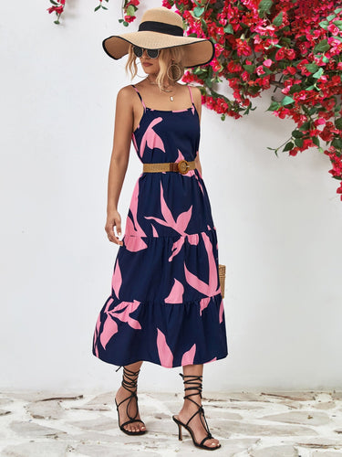 Donkerblauwe/ roze midi jurk