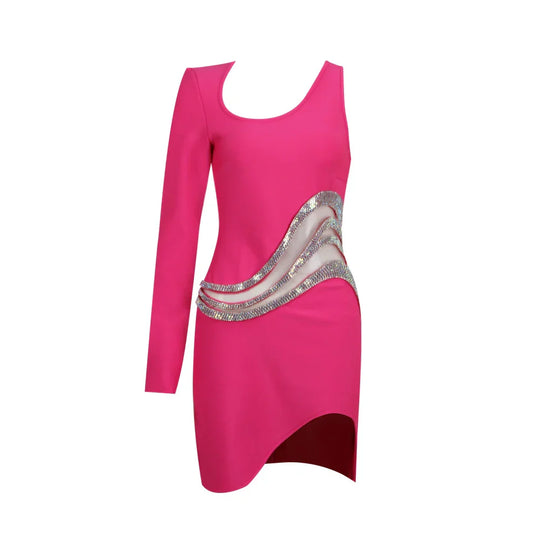 Heidi-Mode | Damen Neue Ein Schulter Langarm Mesh Patch Diamant Bandage Kleid Elegant Sexy Club Abendfest Mini Kleid