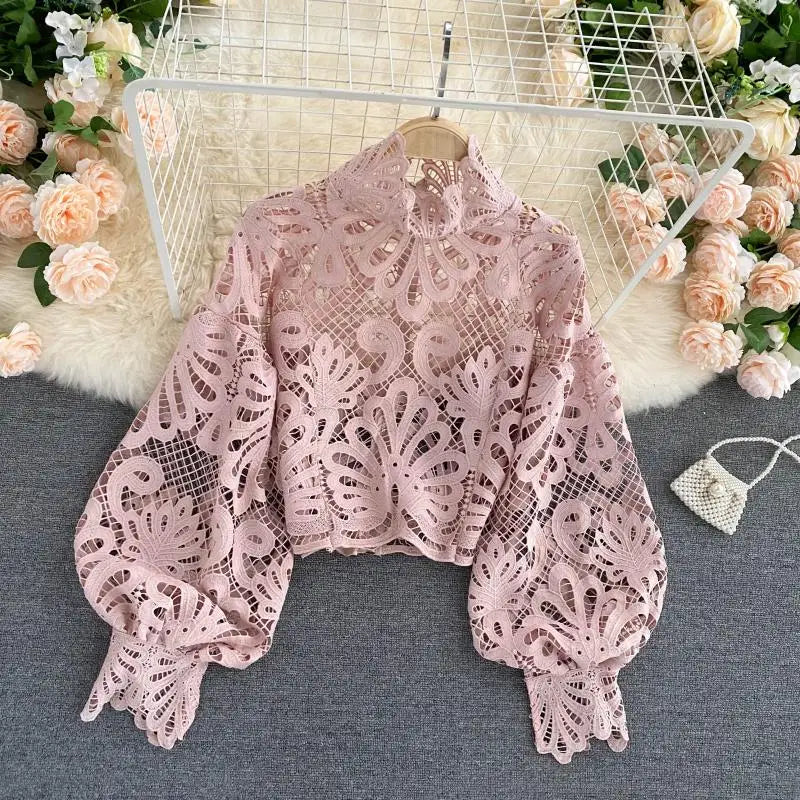 Heidi-Mode | Sexy Spitzen Hohle Ohne Kurze Bluse Lässig Laterne Langärmlige Standkragen Hemden Frauen Elegant Rot/ Rosa/ Weiß Lose Tops