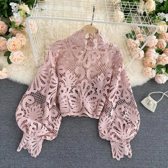 Heidi-Mode | Sexy Spitzen Hohle Ohne Kurze Bluse Lässig Laterne Langärmlige Standkragen Hemden Frauen Elegant Rot/ Rosa/ Weiß Lose Tops