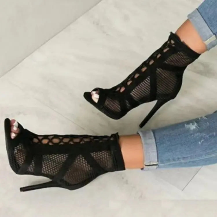 Heidi-Mode | Sandalen Höhle Mesh Absätze Gürtel Schnalle Damen Sommer Beige Schnürsenkel Sexy Offene Zehe Stiletto Jazz Tanz Fest Damenschuhe